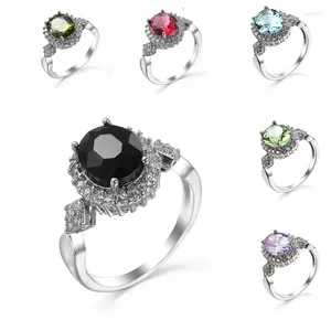 With Side Stones Genuine 925 Sterling Silver Stackable Ring Round Black CZ Crystal Finger Rings For Women Wedding Anniversary Jewelry Anel