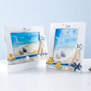Frame 6 Inch 7 Inch Photo Frames Beach Natural Style Bedroom Sailboat Sea Shell Seabird Wood Picture Frames Display Life Gift Crafts