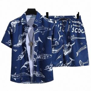 Herren Hawaiian Beach Set Einreihiges Kurzarmhemd und Shorts Casual Summer Vacati Travel Outfit s7Tq #