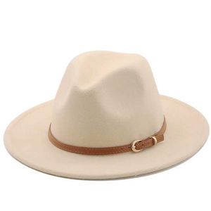 Wide Brim Hats Bucket Hats 56-60cm white/black wide Brim Fedora hat womens imitation wool felt hat with metal chain decoration Panama Jazz Chapeau hat J240325
