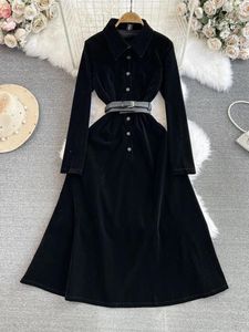 Casual Dresses Autumn Winter Women Velvet Black Shirt Dress French Temperament Long Sleeve Turn-Down Collar A-Line Vestidos Mid Length