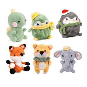 Stickning tprpyn diy virkning djurpaket amigurumi dinosauri penguin räv hund elefant virkningssatser för nybörjare med garn krok tillbehör