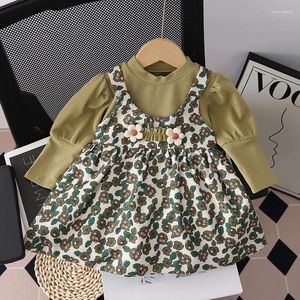 Girl Dresses Spring Baby Girls Dress Cute Long Puff Sleeve Floral Green For Clothes Vestidos Autumn Children Kids Clothing