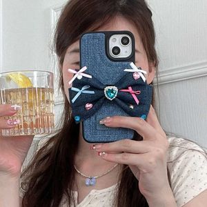 Mobiltelefonhüllen Korean süße Y2K süße coole würzige Mädchen Denim Bow Silicon Hülle für iPhone 14 13 12 Pro Max 11 schöne schockdes weiche Abdeckung Capa H240326