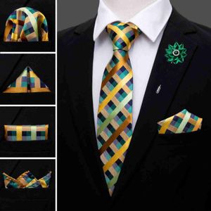 Krawaty na szyję krawaty na szyję żółtą kratę 100% jedwabny męski krawat ślubny kryształowe broszki mankiety mankiety