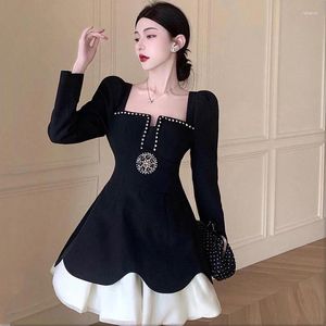 Casual Dresses Fashion Splicing Diamonds Elegant Dress For Women 2024 Spring Vintageluxurious Black Thin Waist Temperament Party