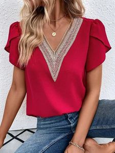 Blusas femininas elegantes blusa feminina 2024 verão sólido manga curta camisa vermelha oco painel de renda feminino escritório social chiffon e camisas