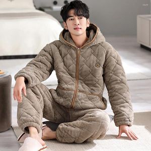 Mäns Sleepwear Japan Style 3-lager Super Thicken Coral Fleece Man för att sova varmt löst huva blixtlås Vinterpyjamasuppsättningar