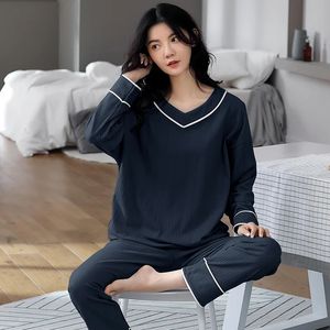 M-5xl Casual Plus Size Pełna bawełniana bawełniana piżama Kobiety wiosna jesienna piżama garnitur żeński Liss V Lose V Szyjka Zestaw snu 240314