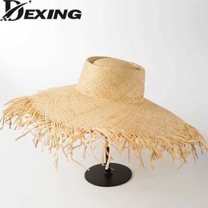 Breda breim hattar hink hattar naturliga raffia sommar bred brun solhatt lämplig för kvinnor halm hatt för kvinnor uv skydd mjuk vadderad strandhatt j240325