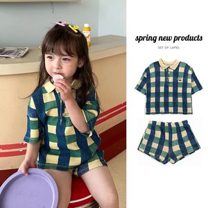 2024 INS Childrens T-shirt Summer Girls Style Korean Sweet Doce Dress Dress Polo Top Waffle Set Roupas 240323