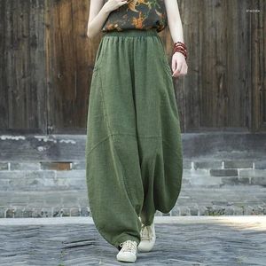 Calças femininas Johnature Mulheres Vintage Linho Bloomers Cor Sólida Patchwork Elástico Cintura Primavera Calças de Alta Qualidade Solta 2024