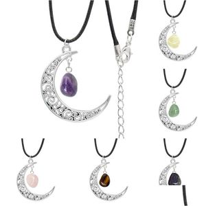 Anhänger Halsketten Natürliche Kristall Reiki Stein Retro Mond Halskette Geometrische Glaube Heilung Quarz Kette Schmuck Party Geschenke Für Frauen D Otqa1