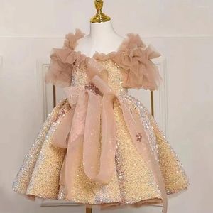 Dziewczyna sukienki Jill Wish Elegancka arabska złota sukienka cekinowa Bow Dubai Kids Princess Birthday Party Wedding Pierwsza suknia Komunii 2024 J225