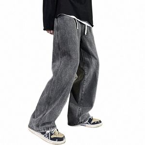 korean Fi Men's Baggy Jeans Elastic Waist Classic olid Color Straight-leg Denim Wide-leg Pants Male Light Blue Grey Black u7PL#