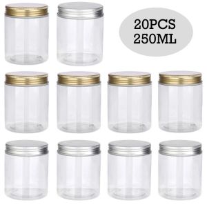 Frascos 20pcs 250ml Limpar frasco de armazenamento de plástico vazio para animais de estimação com tampas de alumínio douradas / prateadas Cosméticos creme facial recipiente de alimentos suprimentos para casa