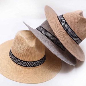 Breda randen hattar hink hattar jordbrukare strå hatt kubansk hatt panama hatt kort grim fedora hatt sol hatt sommar halm hatt jazz hatt unisex casual j240325
