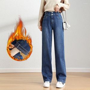 Kvinnors jeans kvinnor plysch tjockare varm sammet foder denim rak bred ben höst vinter lös montering tvättad plus storlek överdimensionerad