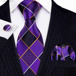 Cravatte Cravatte Moda Lusso Viola Plaid 100% Cravatte di seta Regali per uomo Abito da sposa Barry.Wang Cravatte Hanky Set Groom Business LN-5287 Y240325