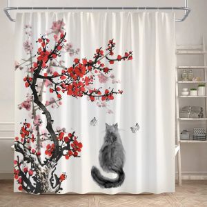 Cortinas florais para chuveiro, tinta vermelha, flor de ameixa, gato preto, borboleta, estilo chinês, cortina de banho, poliéster, decoração de banheiro com ganchos