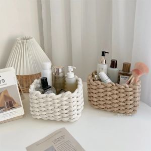 Baskets Nordic Cotton Rope Woven Small Storage Basket Rectangle Cotton Rope Storage Desktop Sundries Make up Organizer Home Decor