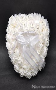 Amor coração branco cristal pérola anel de noiva travesseiro organza cetim renda portador flor rosa travesseiros suprimentos de noiva frisado casamento fav7332933