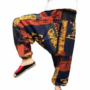 Pantaloni uomo vintage Retro Casual Harem Cott e lino Baggy Stampa etnica Cavallo largo Pantaloni larghi Pantaloni per uomo A4pN #