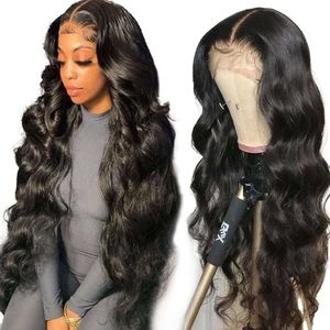 Yamikk 28 Zoll 13x5 HD Full Lace Front Echthaar vorgezupft mit Babyhaar 180 Dichte Körperwelle Perücken für Frauen Natürliche Frontalperücke