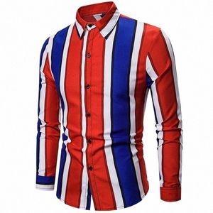 mens Striped Slim Fit Dr Shirts Fi Ctrast Color Print Lg Sleeved Men Casual Shirt Streetwear Hip Hop Camisas Hombre 82Fs#