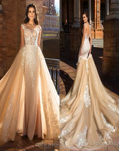 Crystal Design 2020 Bridal Capped Sleeve Juvelhals Högt broderad kroppsavtagbar kjol Mantel Bröllopsklänningar Låg rygg LO9158250