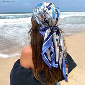 Bandanas Durag Schals Große Hijab Schals Für Frauen Mode Druck Seide Satin Schal Weibliche Luxus Marke Quadratische Schals Kopf Schals für Damen Y240325