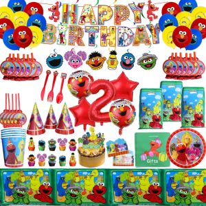 Leathercraft Sesame Street Party Supplies Elmo Theme Disposable Tableware Cup Plate Gift Bag Balloon Baby Shower for Kid Birthday Party Decor