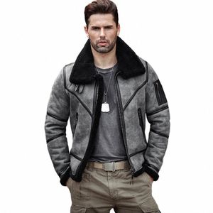 2019 neue Herren Grau Shearling Jacke B3 Fliegerjacke Schaffell Aviator Wintermantel Pelz Bomber Lederjacke n7LH #