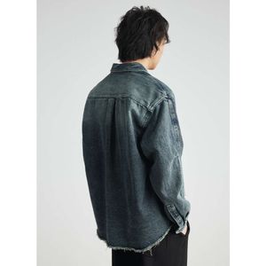 Também limitado ao azul profundo perfurado pesado indústria denim primavera nova jaqueta lavada, marca na moda jaqueta solta para homem