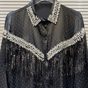 Kvinnors blusar Rhinestone Sequined Tassel Satin Women Spring Autumn Singer-breasted långärmad borrskjorta Kvinnlig topp vit vit