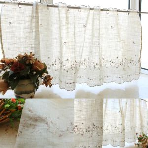 Cortinas de linho cortina de cozinha para janela flor bordado estilo europeu cortina curta rústico capa de armário meia cortina fazenda