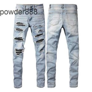 American High Street Slim Fit Elastic Versatile Live Streaming Influencer Light Blue Patchwork Jeans