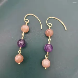 Kolczyki Dangle Amethyst Sunstone kamień kamienia naturalny urok 14k złota wypełniona vintage bohemian dla kobiet dziewczyna