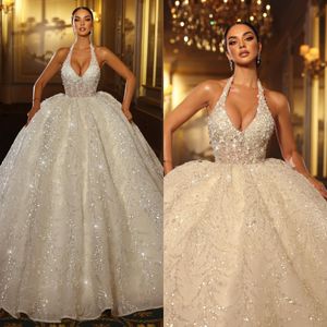 Charming Crystal Ball Gown Wedding Dress for Bride Beading Lace Hater Wedding Dresses Dubai Saudi Arabic Long Train R Bridal Gowns