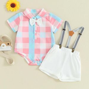 Conjuntos de roupas para bebês meninos, roupas de verão com botões xadrez, manga curta, shorts com suspensórios, 2 peças, conjunto de roupas de 0 a 18 meses