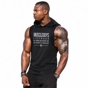 Muscleguys hisswear ärmskjorta med hoody varumärke gym kläder fitn män bodybuilding stringer tank tops hoodies singlets m0sd#