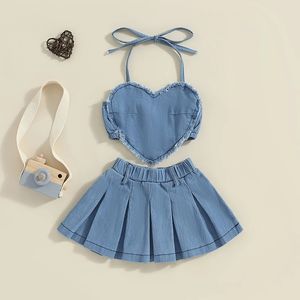 Criança meninas denim 2 pçs saias roupas ternos moda verão sem mangas halter pescoço coração camis saia plissada conjunto roupas 240314