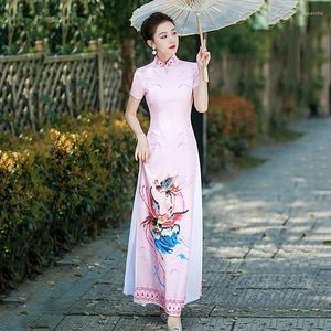 Ethnic Clothing 2024 Ao Dai Qipao Stage Show Cheongsam Chiffon Print Cheongsams Elegant Women Chinese Style Dresses Improve Performance