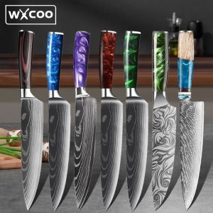 Facas japonesas de chef, faca laser padrão damasco, ultraafiada, faca santoku, utilitário para corte de frutas, facas de cozinha para churrasco