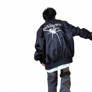 Harajuku Siyah Ceketler Erkek Kadın Nakış Örümcek Günlük Bombacı Ceket Çift Çift Gevşek Fermuar Varsity Palto Bahar 2023 Q85S#