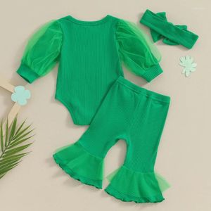 Clothing Sets Infant Baby Girl St Patrick S Day 3Pcs Long Lantern Sleeve Clover Print Green Luck Of The Irish Romper Flare Pants Headband