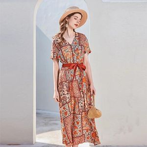 Casual Dresses Orange V Neck Silk Floral Maxi Dress Women 2024 Summer Long Work Boho Beach Office Sexy Party Luxury Plus Size Free Ship