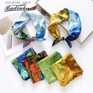 Bandanas Durag Schals 2022 Neue Damen Van Gogh Ölgemälde Seide Quadrat Schal Bandana Kopftuch Frauen Design Tasche Schal Haar Kopf Schals Taschentuch Y240325