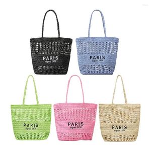 Drawstring Women Straw Shoulder Bag Large Capacity Embroidered Letter Versatile Hollow Out Handbag Summer Beach Purse