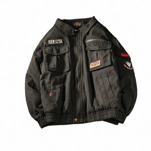 jacket Men's Spring Autumn Tooling Multi-Pocket Casual Zipper Butts Turndown Collar Loose Air Force Pilot Jackets Coat 97jM#